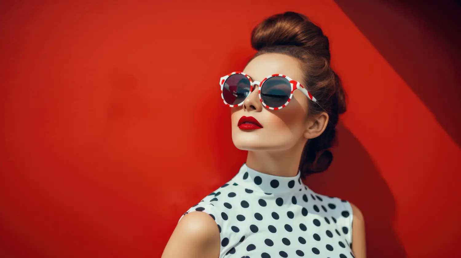 Kaukasische Frau im Retro-Look mit gepunktetem Kleid, Cat-Eye-Sonnenbrille und Heels.
