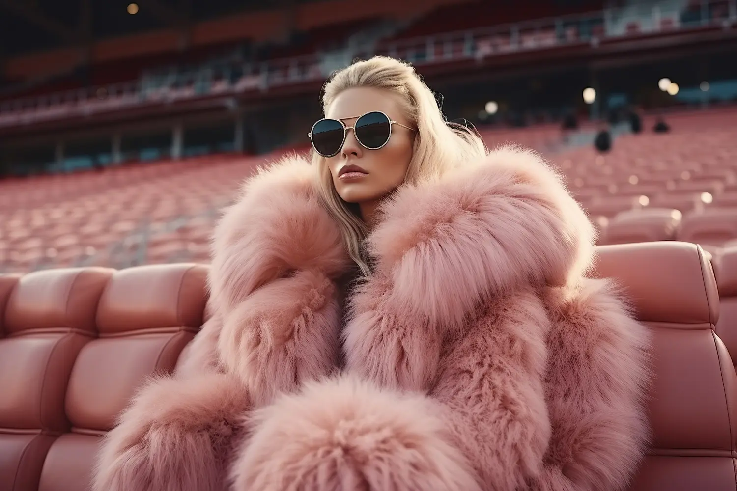 Eine luxuriöse Frau schreitet selbstbewusst durch das Stadion in ihrem modischen rosa Pelzmantel und ihrer Ledersonnenbrille