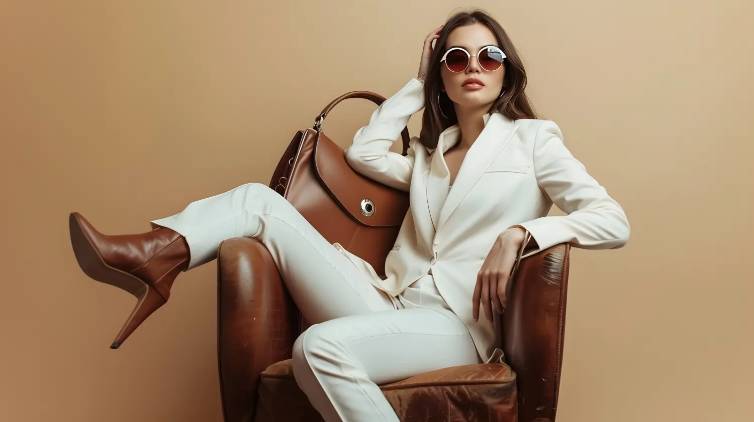Modebewusste, selbstbewusste Frau in elegantem weißen Anzug, Sonnenbrille und Stiefeletten.
