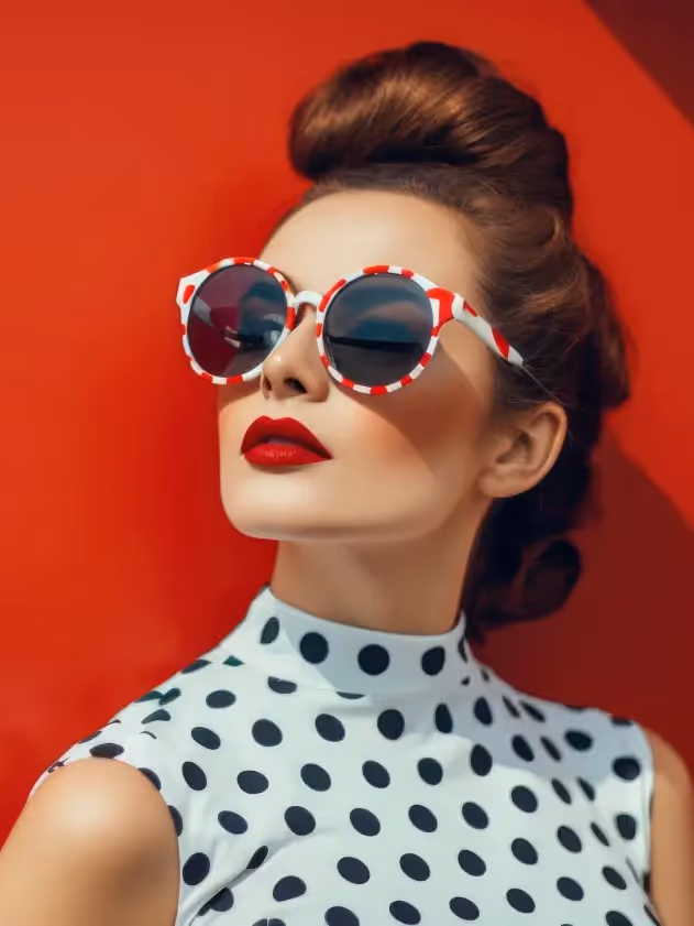 Kaukasische Frau im Retro-Look mit gepunktetem Kleid, Cat-Eye-Sonnenbrille und Heels.