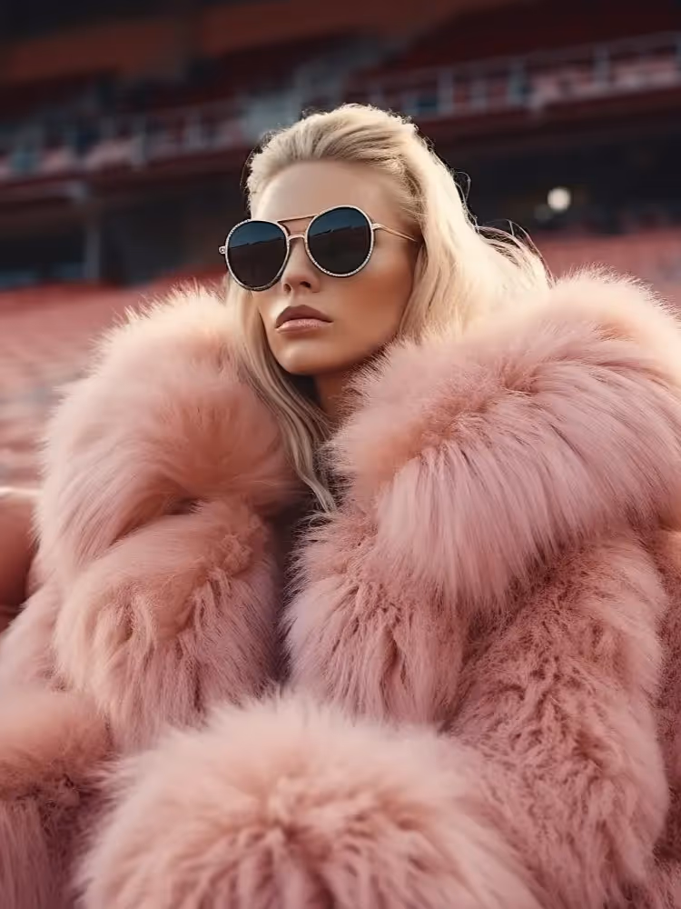 Eine luxuriöse Frau schreitet selbstbewusst durch das Stadion in ihrem modischen rosa Pelzmantel und ihrer Ledersonnenbrille
