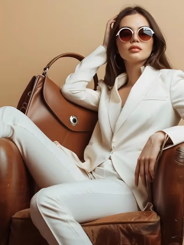 Modebewusste, selbstbewusste Frau in elegantem weißen Anzug, Sonnenbrille und Stiefeletten.